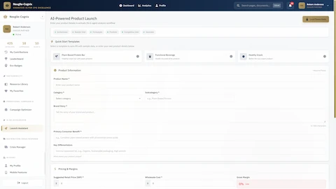 Product Information Input - Quick-start templates and product details form for plant-based protein launch workflow